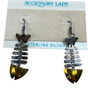 Vintage Sterling Silver Brass Fish Skeleton Dangle Earrings Accessory‎ Lady 925